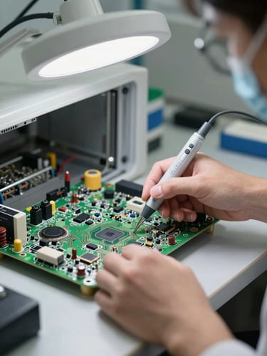 Macro shot of clean, professional hands using calibrated diagnostic tools on a modern appliance circuit board, high-CRI white work lights, clean workshop background