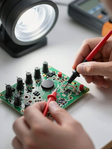 Macro shot of clean hands using a digital multimeter to test a high-end appliance circuit board, crisp white work light, shallow depth of field.