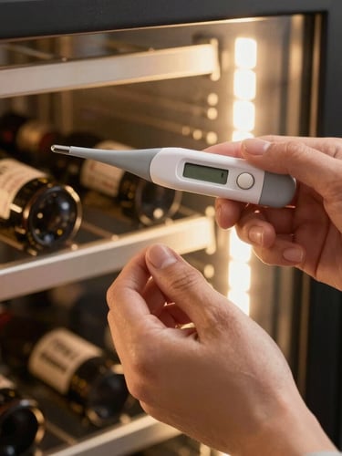 A macro photograph of clean hands using a digital thermometer probe to calibrate the internal temperature of a premium built-in wine cellar cabinet, soft interior LED lighting.