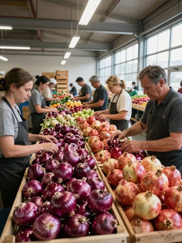 Wide interior shot of a busy produce pack-house sorting table, workers in context sorting and grading fresh red onions and pomegranates under bright industrial overhead lighting, wooden crates stacked in background, daylight streaming from high windows on the right side