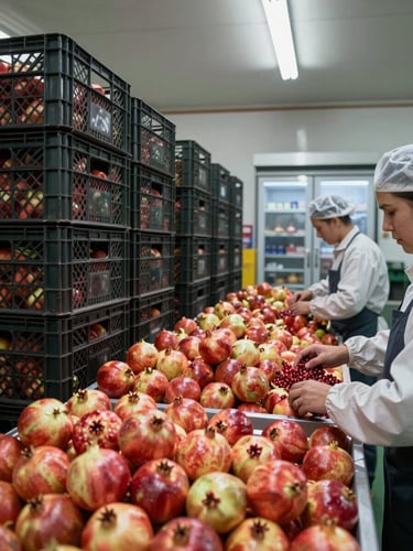 Wide interior of a working produce pack house under bright overhead lighting — sorting tables in the foreground carry rows of fresh pomegranates and onions being graded by hand, stacked mesh crates to the left, a cold-storage door visible in the background right third, no posed staff, operational context only
