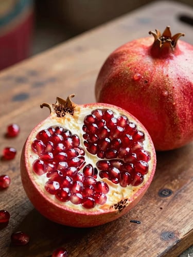 Medium close-up of a freshly harvested pomegranate halved on a wooden sorting surface in a Nashik pack house, interior seeds glistening ruby-red under bright natural daylight, a whole pomegranate resting beside it showing unblemished deep-crimson skin, true colour with no filters