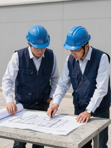 On-site engineering review, two focused engineers in navy blue vests examining structural blueprints on a concrete table, bright natural daylight, sharp focus, architectural slate gray tones.