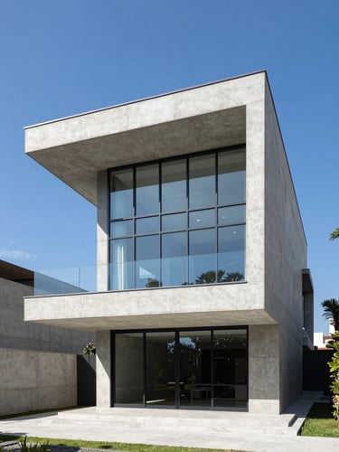 Crisp architectural photography of a completed luxury modern concrete and glass villa in São Paulo, bright natural daylight, clean blue sky, sharp focus, 35mm.