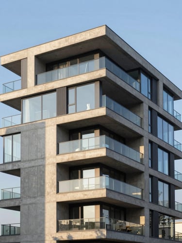 Finished architectural masterpiece, modern luxury concrete and glass residence at golden hour, sharp shadows, clean lines, professional 35mm dslr photograph.