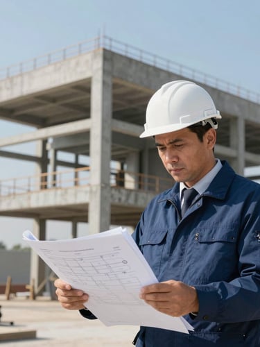 Fotografia vertical em foco nítido de um engenheiro civil revisando projetos técnicos em prancheta de obra, com estrutura de concreto armado ao fundo, iluminação natural clara.