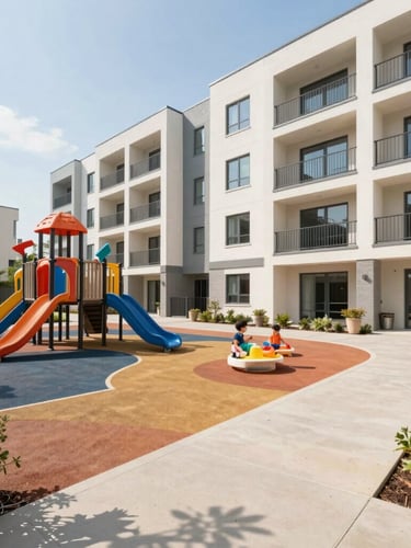 Bright modern apartment building courtyard with playground, clean pathways, sunny day, family-friendly environment, realistic colors