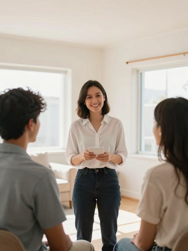 Friendly real estate agent talking with a smiling young couple in a bright, sunlit room, natural daylight, authentic interaction