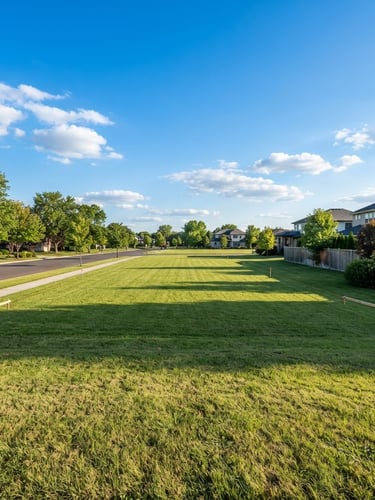 Wide-angle daylight photo of a flat, clean residential land plot with green grass, clear blue sky, sunny afternoon lighting, realistic real estate photography style