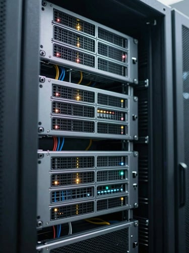 Macro shot of a high-security server rack in a modern data center, sharp architectural lighting, cool tones, focused on intricate wiring and blinking lights, 50mm lens, professional