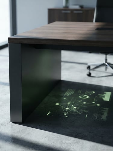 Sharp architectural crop of a modern boardroom table with subtle data projections in acid green, high-contrast shadows, 50mm lens, professional, editorial B2B photography