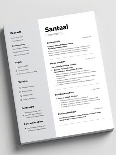 Close-up full-page mockup of a modern two-column resume template with a light gray sidebar listing skills and certifications, high-key studio lighting, no people