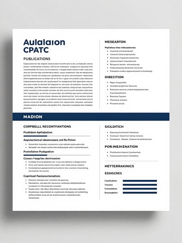 Close-up full-page mockup of an academic CV template showing publications and research sections, two-column layout with bold section dividers, high-key studio lighting, no people