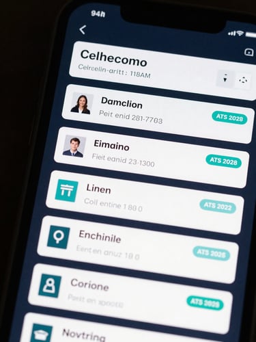Close-up app screenshot of a dark-mode resume library panel — list of resume cards each showing document title, last-edited timestamp, ATS score badge in teal, and version number tag, deep navy background, high-key interface lighting, no humans, tight crop on the file list UI filling the frame edge to edge