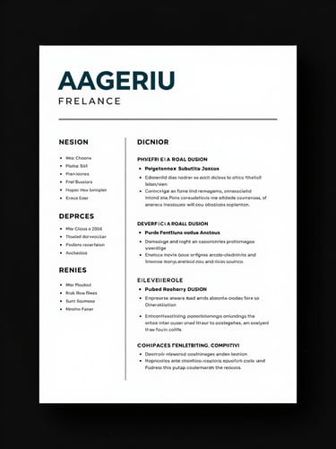 Close-up full-page mockup of a minimalist freelance resume template in single-column format, monochrome palette with a teal name header, high-key studio lighting, no people