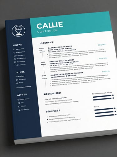 Close-up full-page mockup of a creative resume template with a dark navy sidebar and teal accent headers, tight crop on skills and summary sections, high-key lighting, no people