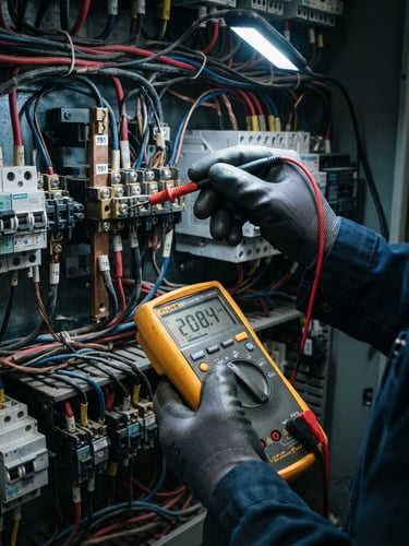 A close-up of technician hands using a digital multimeter to diagnose an electrical panel, bright direct work light, high-contrast cool tones, sharp details, 35mm lens