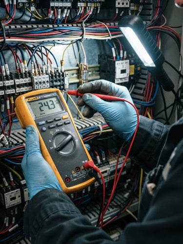 Close-up of hands using a digital diagnostic multimeter on a complex industrial control panel, bright direct work light, sharp details