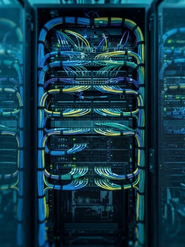 Symmetrical architectural photography of a meticulously organized enterprise server rack, neat color-coded structured cabling glowing under cool blue and teal LED datacenter lights, macro depth of field.