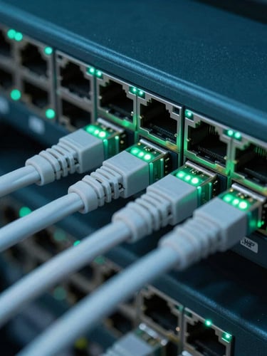 Close-up of high-end network switch interfaces with active blinking aqua and green status LEDs, perfectly routed fiber optic patch cords showing high-contrast precision.