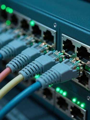 Macro photograph of color-coded structured ethernet cables plugged into a high-end network switch, cool green status LEDs, sharp focus.