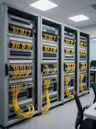 Wide environmental shot of a network operations room, patch panels and fiber terminations precisely labeled in neat rows, overhead studio strobe lighting casting clean sharp shadows revealing installation craftsmanship, no people, annotated cable runs visible in foreground