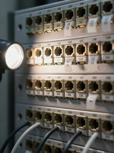 Extreme close-up macro shot of a structured fiber patch panel, individual LC connectors labeled with protocol tape, lit by a single studio strobe from the left creating sharp shadows that reveal cable routing order and material precision — no ambient glow, no people.