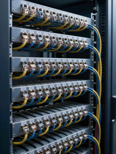 Close-up right-side bleed of an immaculately organized cable tray inside a data center, horizontal rows of color-coded ethernet cables bundled and labeled, lit by studio strobes revealing sharp material detail and crisp shadows, deep navy rack frame in background, no people