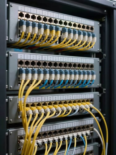 Close-up macro shot of organized fiber patch panel inside a server rack, individual LC connectors color-coded and labeled, studio strobe lighting from above that reveals every cable run and port label with precision, tight vertical framing that fills the frame with structured infrastructure detail, no people, no ambient glow
