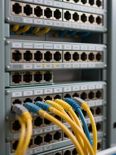 Close-up macro shot of a structured fiber patch panel under studio strobe light, each port labeled with protocol tags, organized cable runs color-sorted by segment, revealing the precise architecture of a live network installation — framing tight on the panel face with visible depth behind