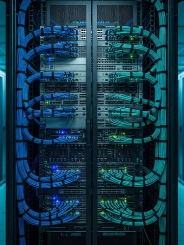 Symmetrical architectural shot of a clean enterprise server rack with organized blue and green cables, cool LED lighting, macro lens detail