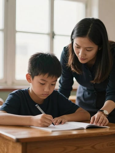 A warm, high-contrast documentary photograph of a teacher guiding a student over a wooden desk, soft natural window light, rich organic tones, shallow depth of field