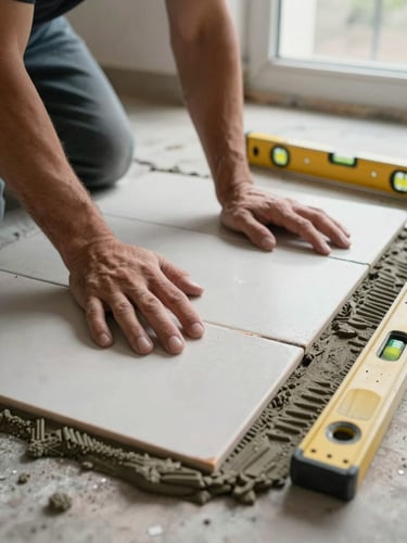 Close-up documentary shot of a tiler's hands pressing a large-format ceramic tile into mortar on a Seville apartment floor, overcast natural light from a nearby window, grout lines visible, spirit level resting alongside