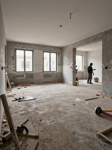 Wide interior view of a Seville apartment mid-renovation, workers visible in background removing old tiles, natural overcast daylight through bare windows, exposed concrete walls, construction dust and tools in foreground