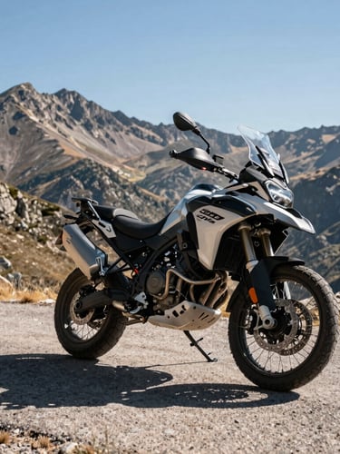 Low-angle shot of a premium adventure touring motorcycle parked on a high-altitude mountain pass in the Sierra de los Filabres, harsh midday sun casting sharp shadows on dry asphalt, arid mountain peaks in the background.