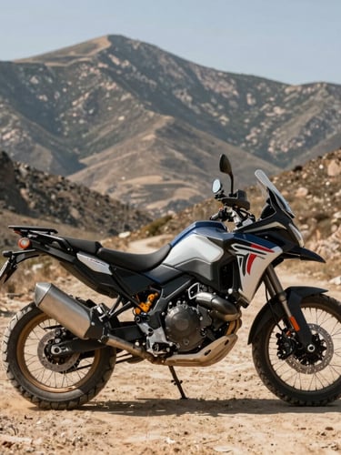 Low-angle hero shot of a modern adventure touring motorcycle parked on a dusty mountain pass in the Sierra de los Filabres, harsh high-contrast midday sun, dry arid mountains in the background