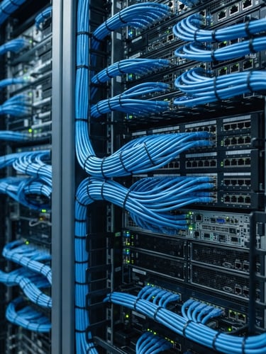 Tight macro shot of organized server racks with tidy blue cabling, cool-toned crisp lighting, slate and electric blue cast, professional server room environment.