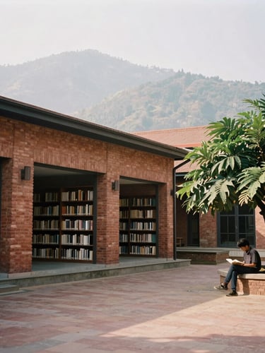 A quiet modern library courtyard in Kathmandu, brick architecture, soft mountain daylight, a student reading a book under a tree, 35mm film.