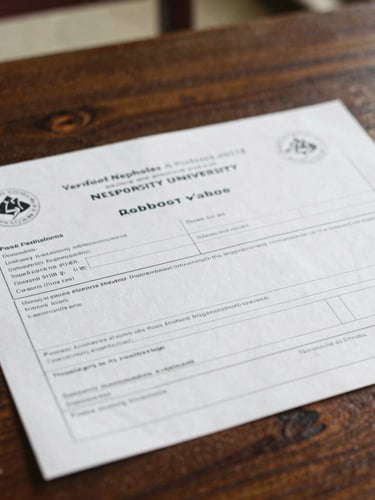A clean, close-up flatlay of verified Nepalese university admission documents and academic transcripts on a dark wooden table, soft daylight, 35mm film.