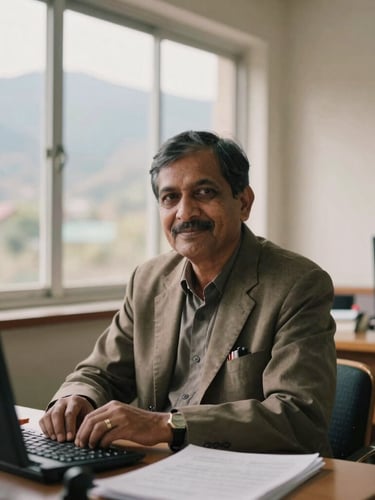 An environmental portrait of a Nepalese academic advisor in a sunlit university office, warm editorial photography, soft natural mountain daylight, muted earth tones, deep depth of field, 35mm film.