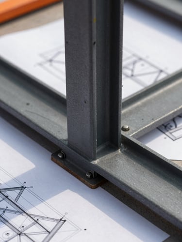 A sharp close-up of structural steel joints and architectural drawings on slate gray background, crisp natural daylight, technical detail