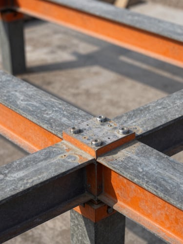 Straight-on architectural crop of structural steel joints on-site, crisp natural daylight, high-contrast slate and orange tones, technical detail, 50mm lens