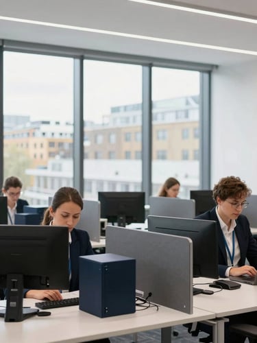 A professional, clean environmental photo of a modern construction agency back-office in London, focused specialists working at desks, soft natural window light, 35mm
