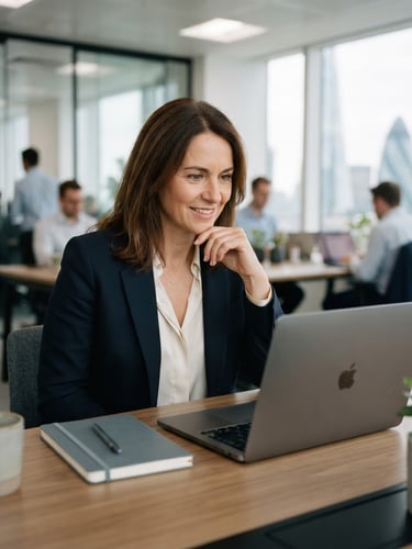 Medium-close portrait of a focused UK recruitment director in a bright, modern London office, neutral daylight, clean navy tones, sharp focus, 35mm