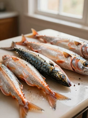 Close-up of fresh mackerel fish on a prep table with local spices, warm window light, 50mm lens