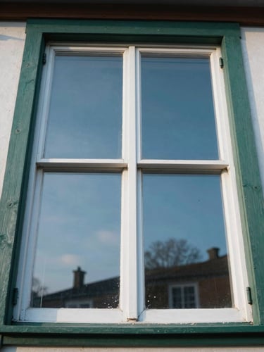 Wide shot looking up at a freshly cleaned two-story residential window facade, morning daylight streaming through streak-free glass panes, cedar-green trim visible on the frame edges, clear blue sky reflected in the glass