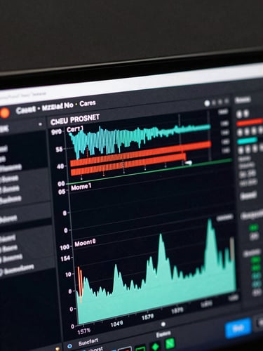 Extreme close-up of an Android device screen displaying a live performance profiler dashboard — CPU threads, frame timing, memory graph — lit by cool flat studio strobe, dark background, sharp focus on the metrics readout