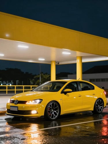 Plataforma hidráulica amarela moderna carregando um carro esportivo rebaixado à noite, luzes de emergência âmbar refletindo no asfalto molhado, enquadramento fechado na fixação das rodas.