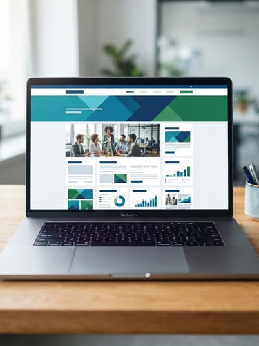 Clean laptop screen displaying a modern corporate website layout on a wooden desk, bright daylight, blue and green accents, sharp focus