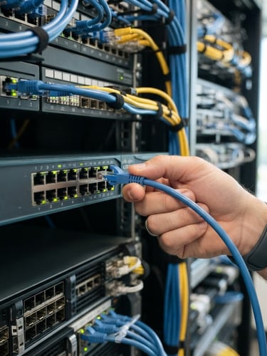 Close-up of a professional IT technician hand connecting a clean blue ethernet cable into a modern network switch, bright natural office lighting, sharp focus